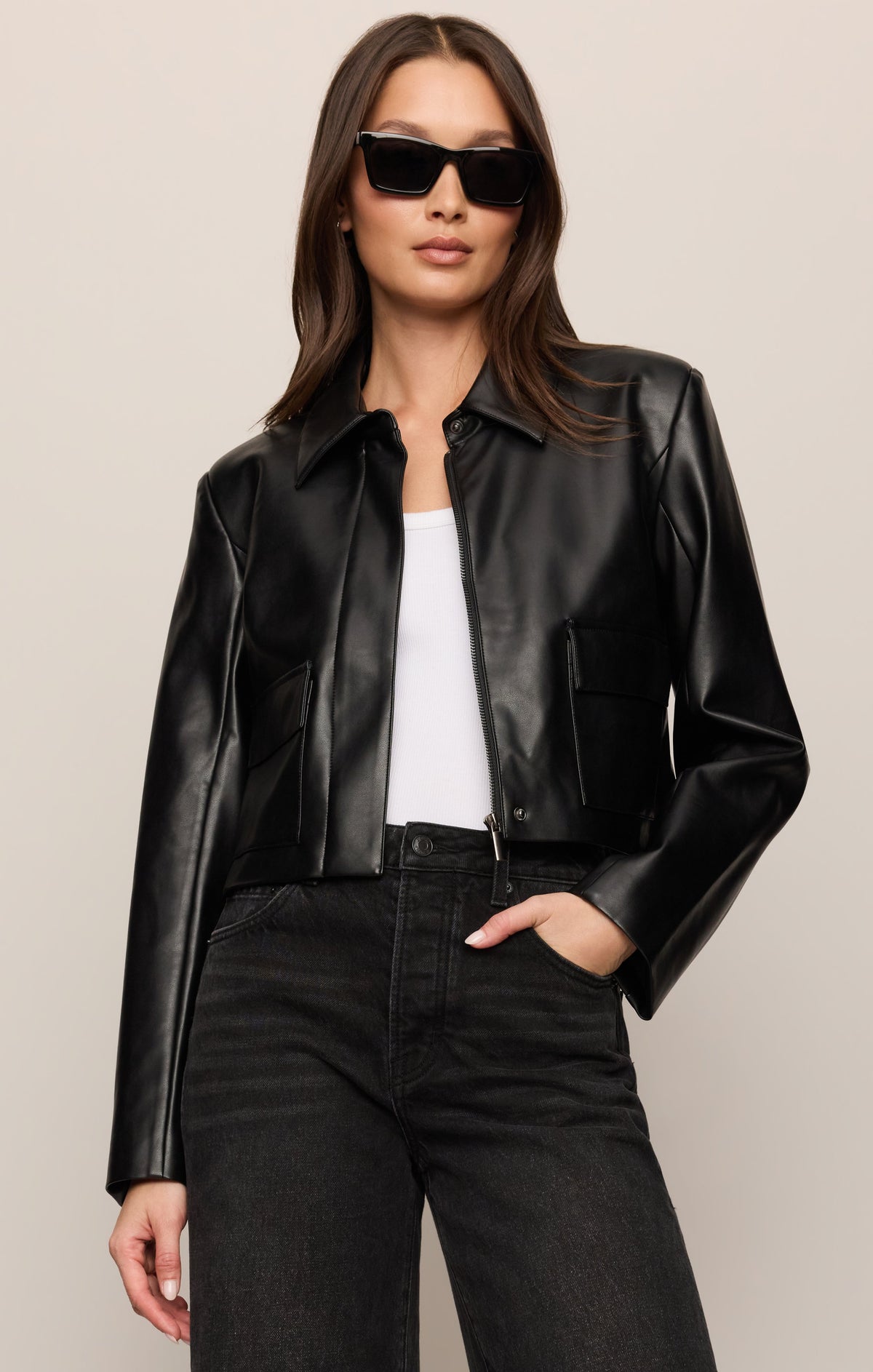 Z SUPPLY Ainsley Faux Cropped Leather Jacket - Black