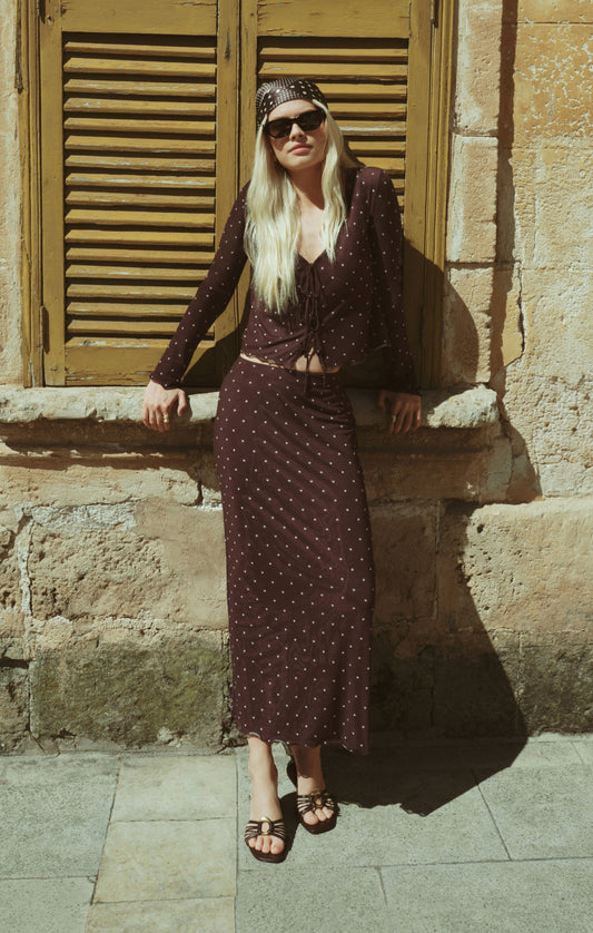Z SUPPLY Eda Polka Dot Mesh Midi Skirt - Dark Chocolate