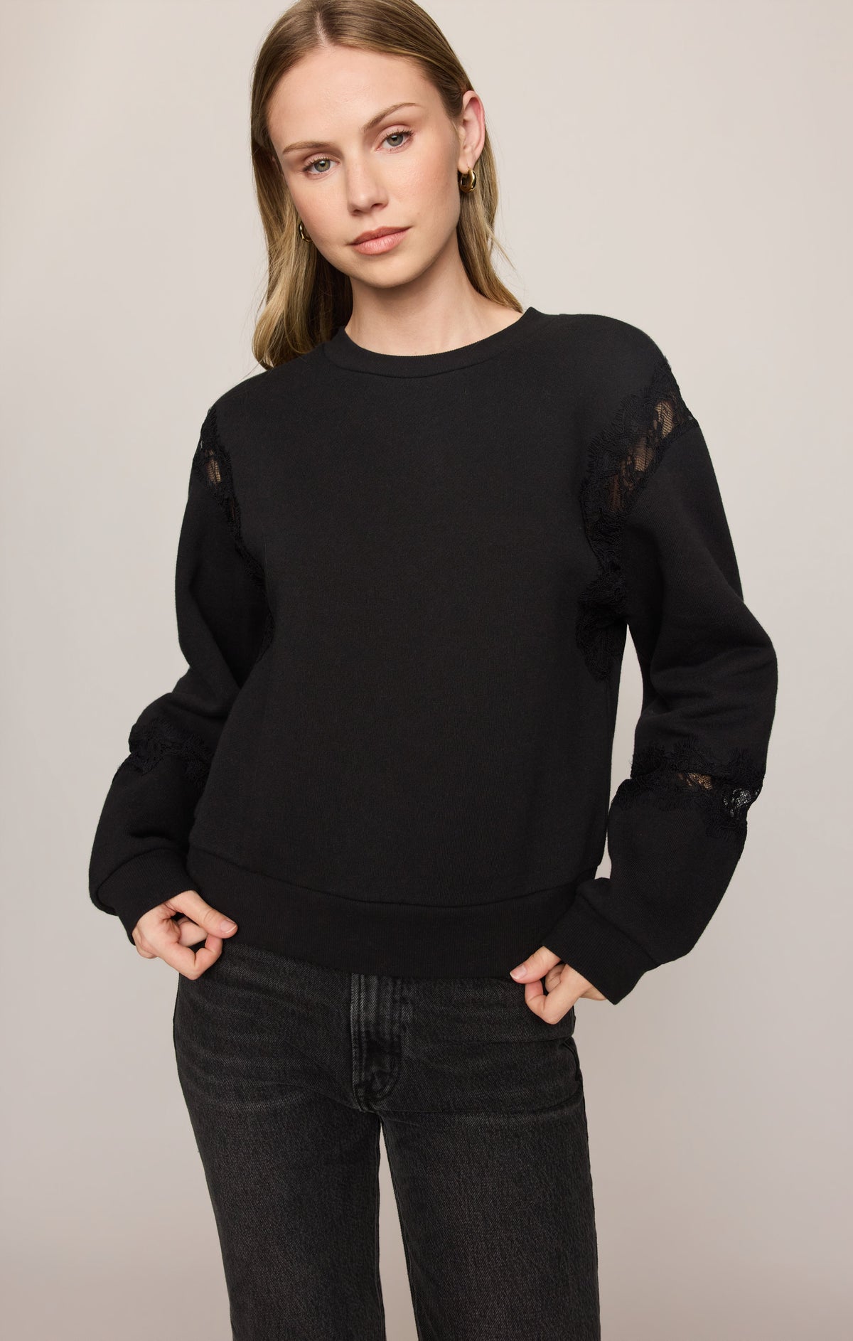 Z SUPPLY Hidden Hills Lace-Trim Sweatshirt - Black