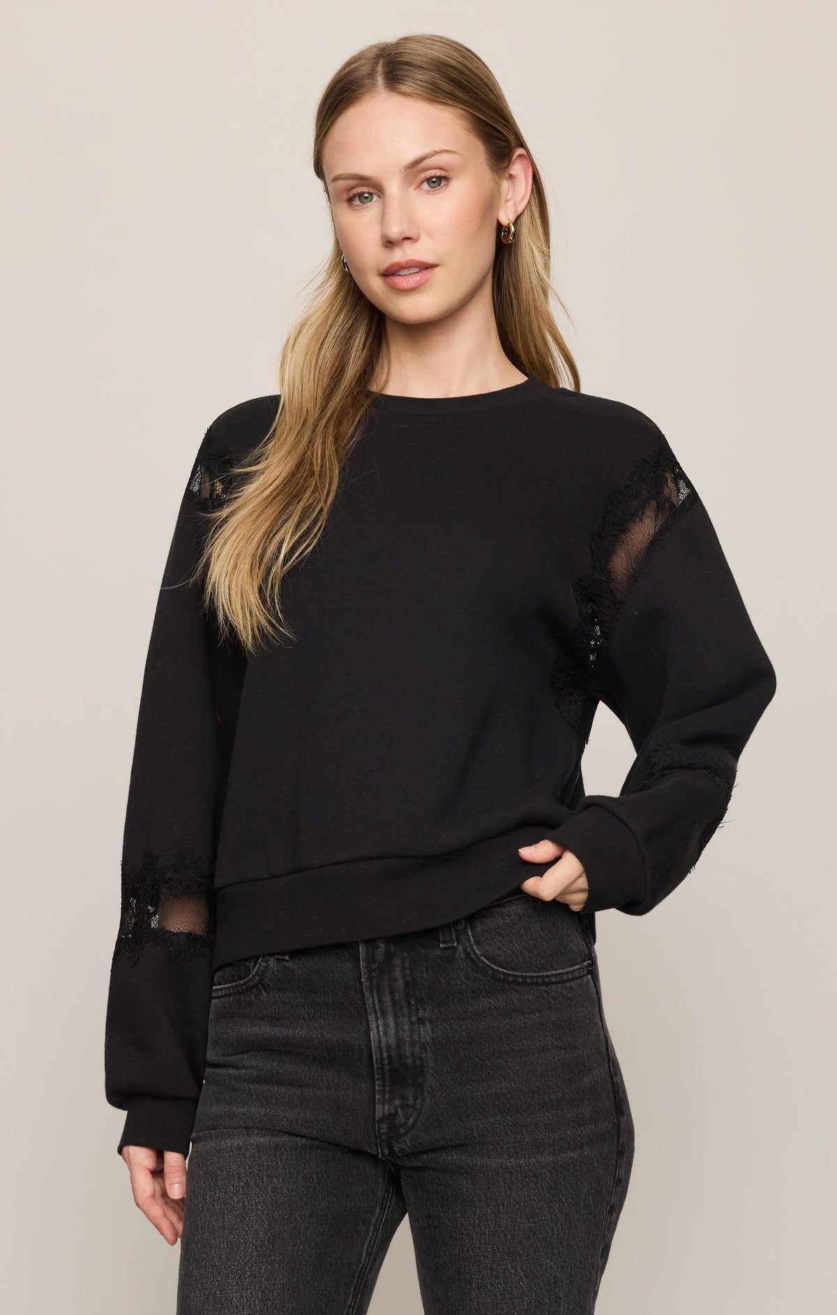 Z SUPPLY Hidden Hills Lace-Trim Sweatshirt - Black