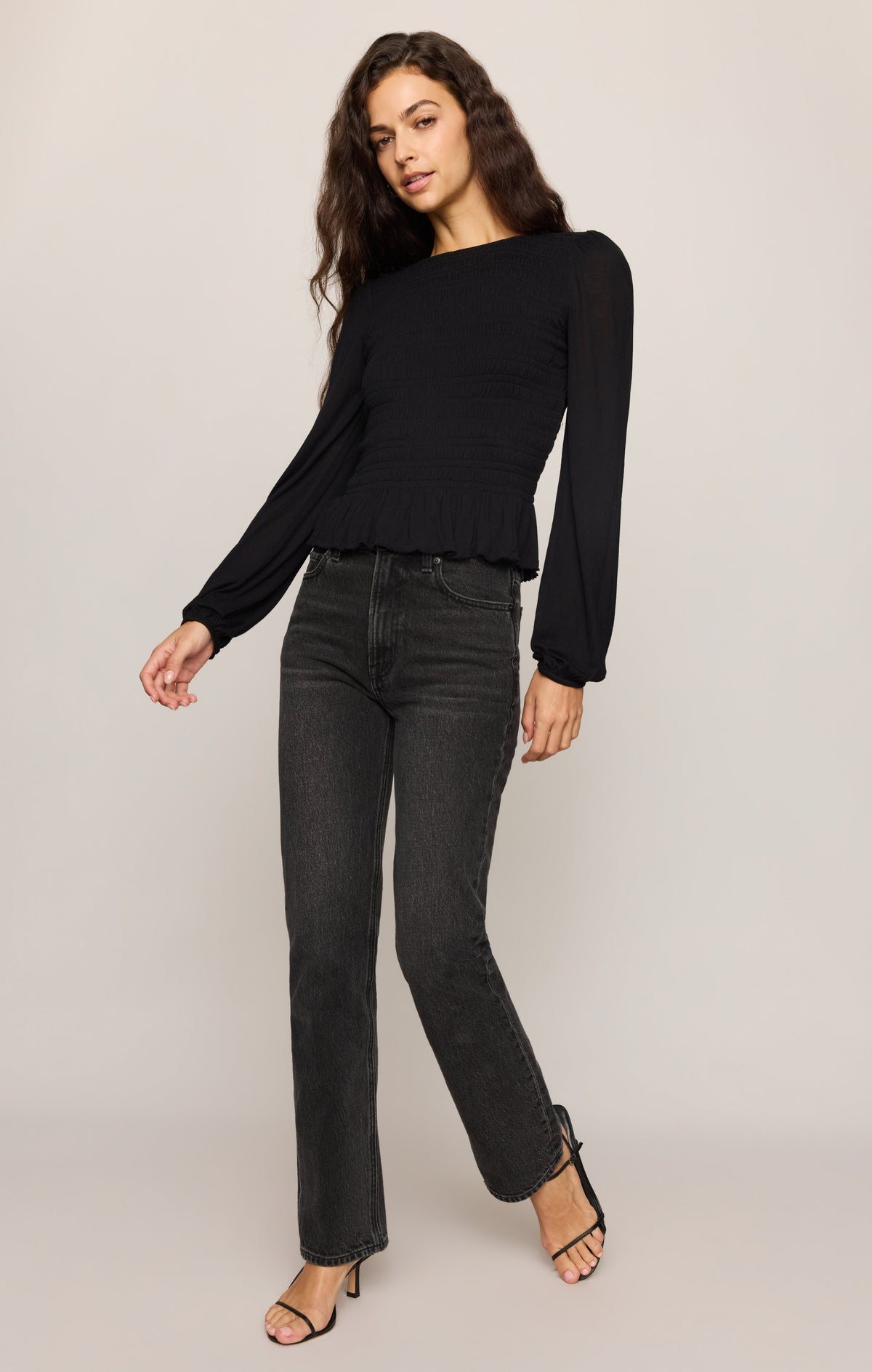 Z SUPPLY Carey Smocked Peplum Top - Black