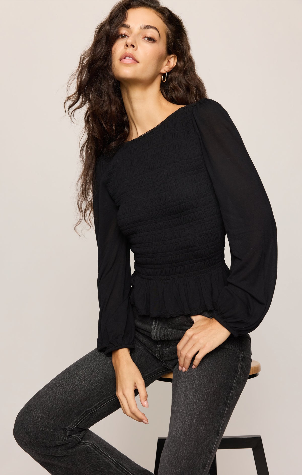 Z SUPPLY Carey Smocked Peplum Top - Black