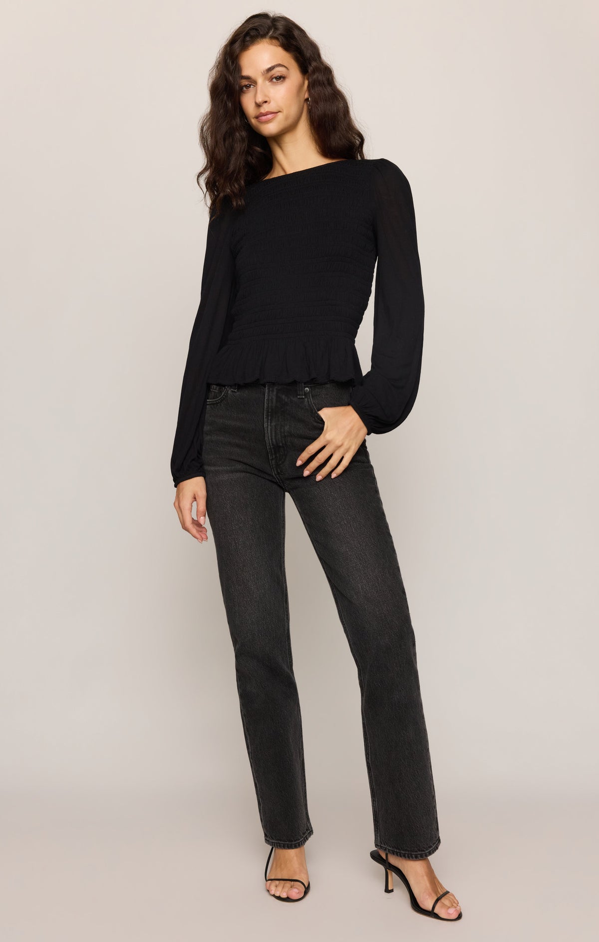 Z SUPPLY Carey Smocked Peplum Top - Black