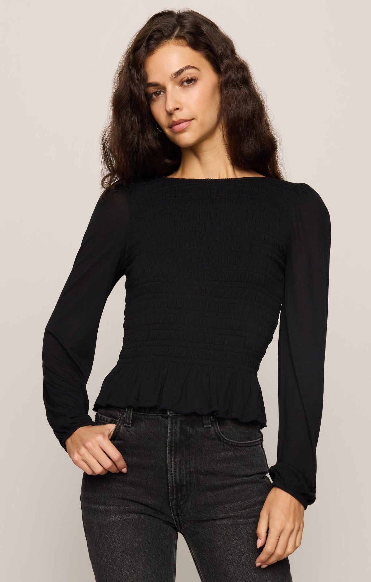 Z SUPPLY Carey Smocked Peplum Top - Black